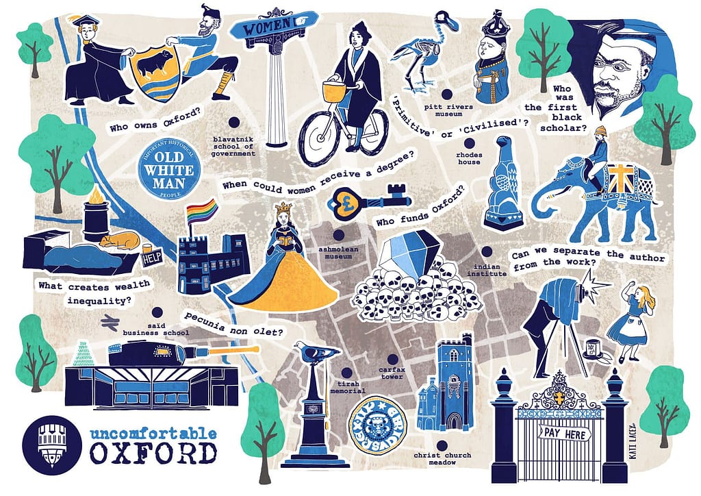 Uncomfortable Oxford Map -fun illustrated map of Oxford- historical facts about Oxford- Oxford histories - Kati Lacey freelance illustrator Oxford