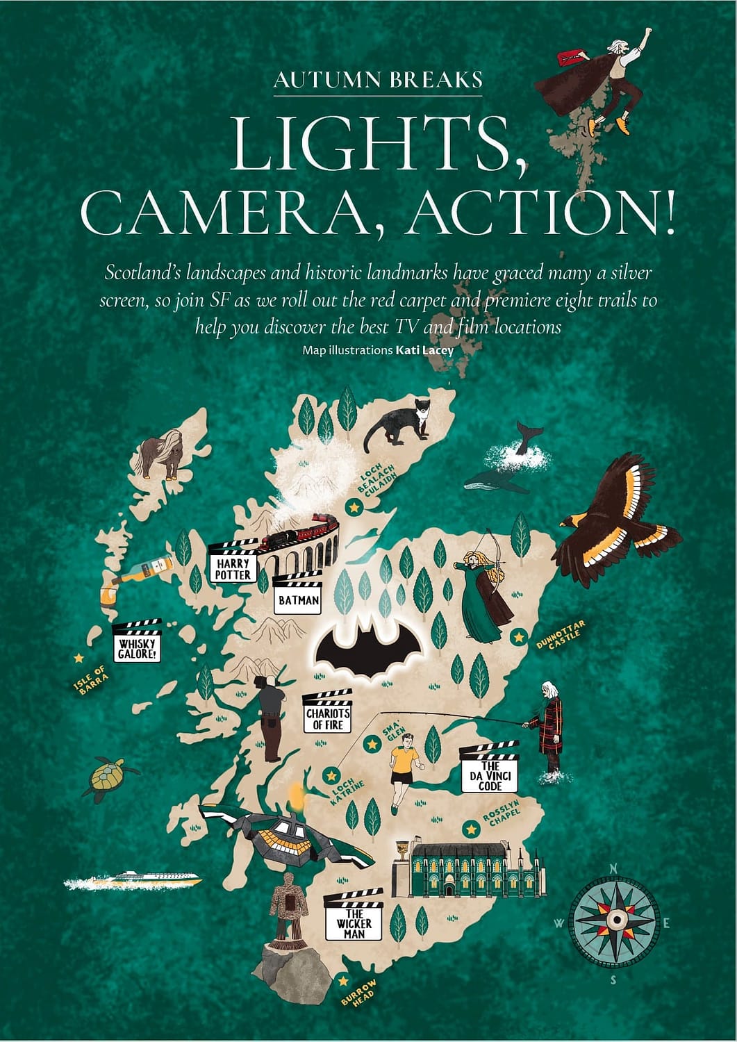 Editorial map illustration feature cover about Scottish film destinations by Kati Lacey freelance Illustrator