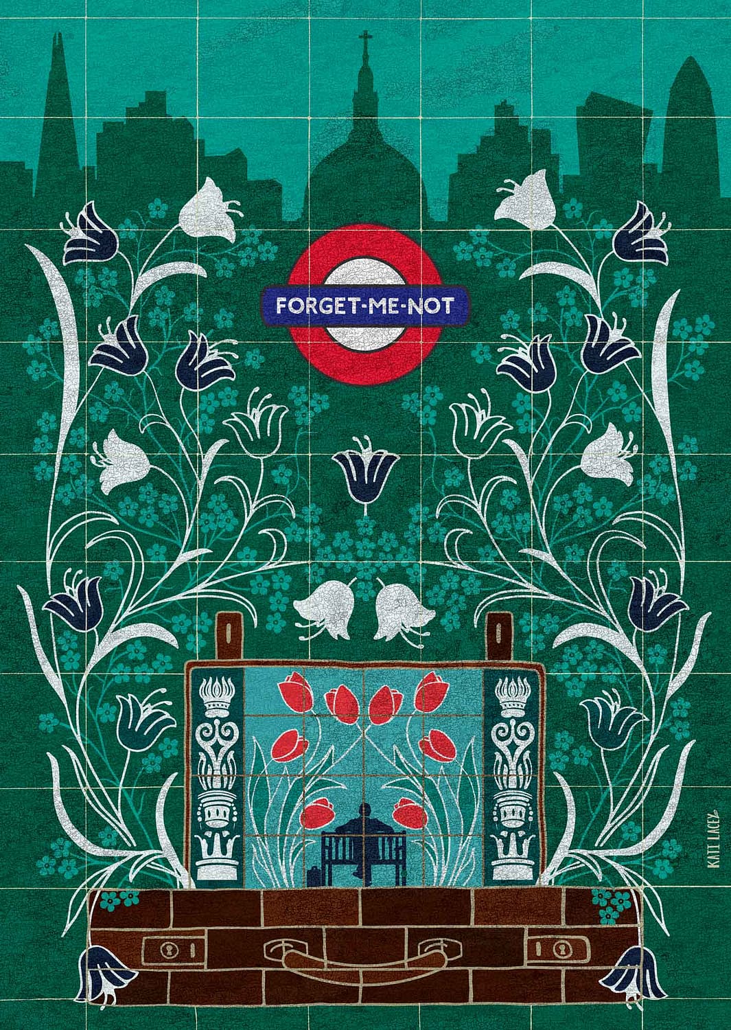 kati-lacey-illustration-editorial-conceptual-poster-postmans park-Watts-memorial-Victorian-everyday-heroes-flowers-garden-businessman-park-tulips-london-underground-suitcase-tiles-illustration
