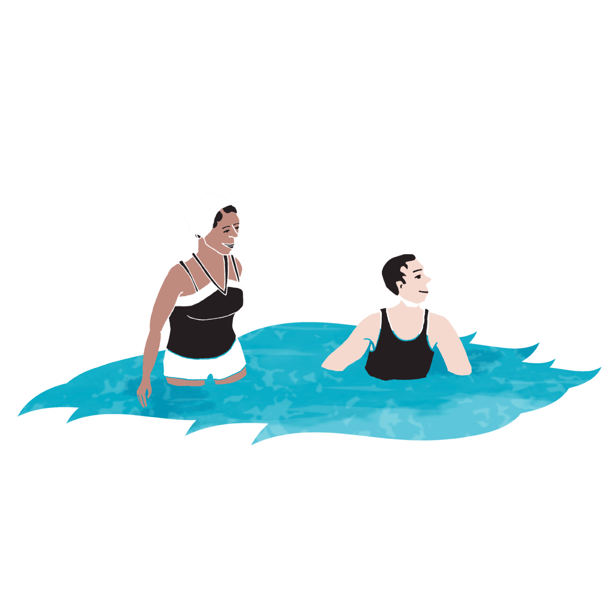 two characters in historic swimwear standing in the river