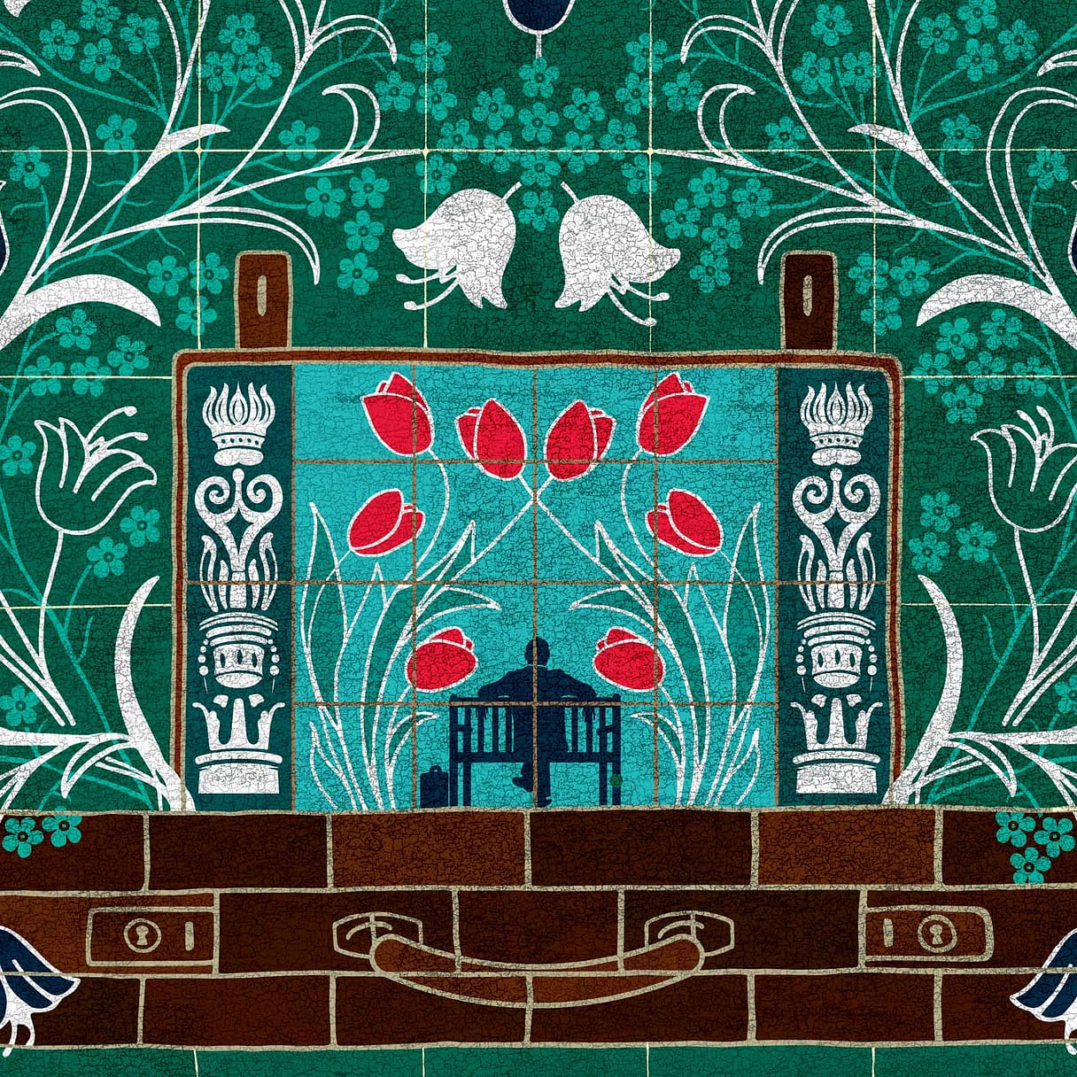 kati-lacey-illustration-editorial-conceptual-poster-postmans park-Watts-memorial-Victorian-everyday-heroes-flowers-garden-businessman-park-tulips-london-underground-suitcase-tiles-illustration