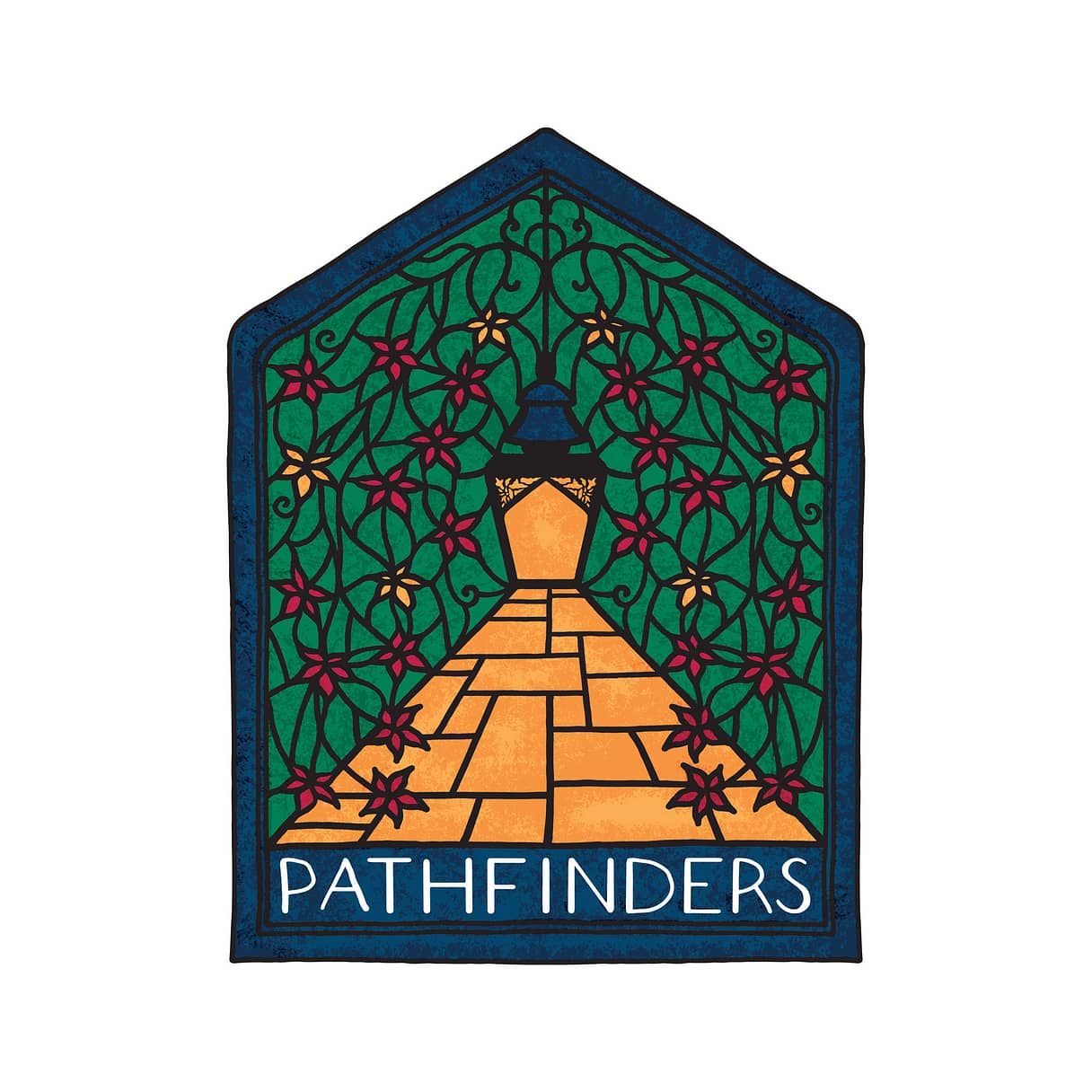 Illustrated logo of a walkway that leads to a gate that is also a lantern hanging from above. The text PATHFINDERS is also visible at the bottom. The image recalls the look and feel of a stain-glass window.