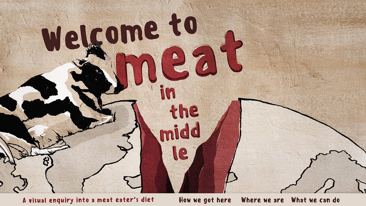 kati-lacey-meatinthemiddle-eat-less-meat-campaign-more-vegetables-split-earth-planet-farmyard-animal-cow-poster