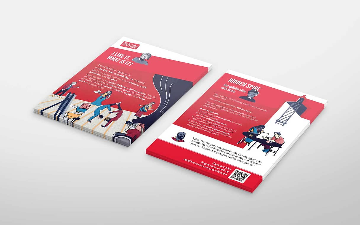 Leaflet design for the Old Fire Station in Oxford with illustrated characters created by Kati Lacey illustrator and graphic designer.