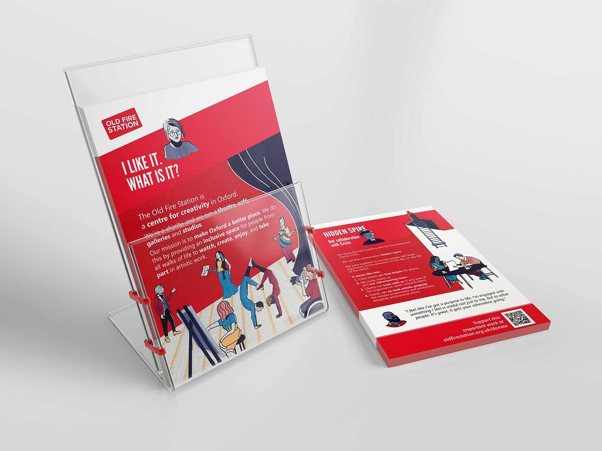 Leaflet design shown in a seethough folder for the Old Fire Station in Oxford with illustrated characters created by Kati Lacey illustrator and graphic designer.