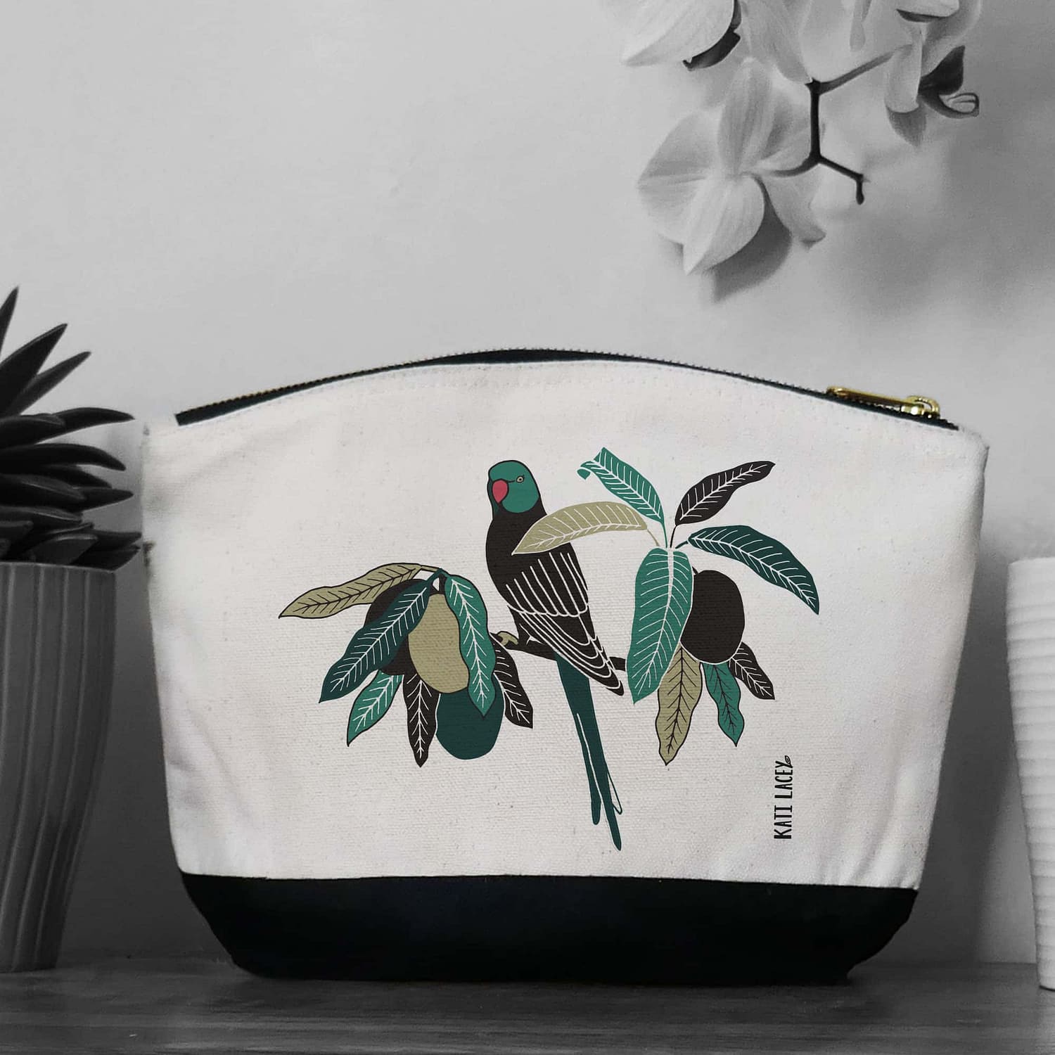 Parrot on pouch-washbag-toiletry bag-pencil case-make up bag-storage bag for travel-medication bag-pouch-luxury-eco-friendly cotton-sustainable
