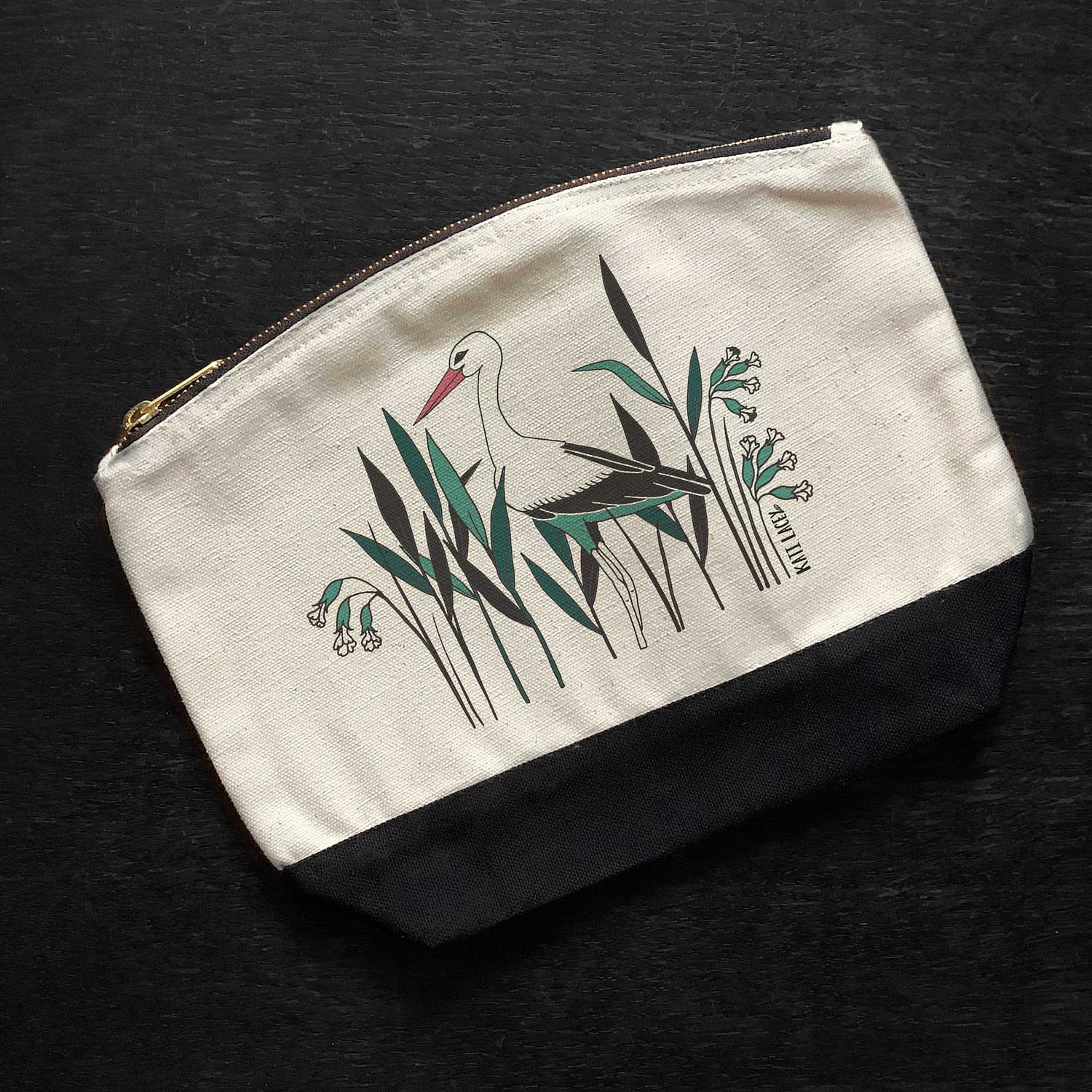 Stork amongst reed on pouch-washbag-toiletry bag-pencil case-make up bag-storage bag for travel-medication bag-pouch-luxury-eco-friendly cotton-sustainable