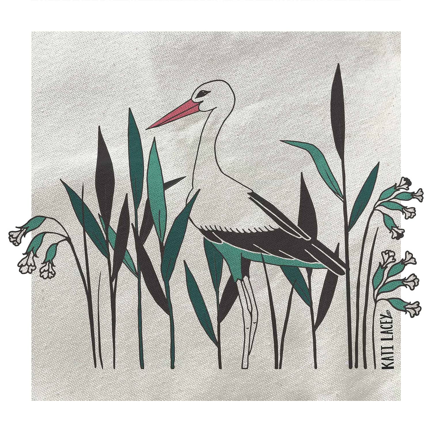 Stork amongst reed on pouch-washbag-toiletry bag-pencil case-make up bag-storage bag for travel-medication bag-pouch-luxury-eco-friendly cotton-sustainable