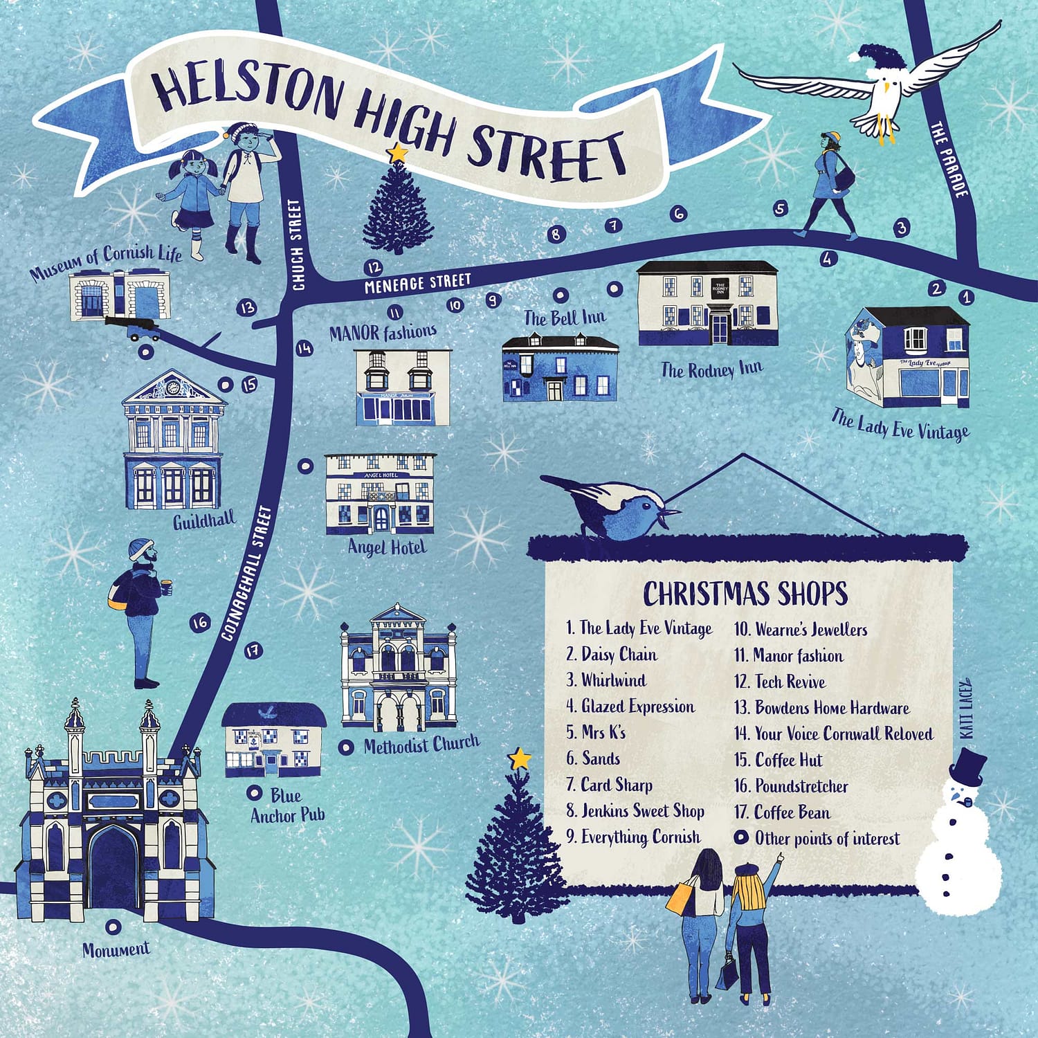 Helston-High-Street-Map-Illustration-by-Kati-Lacey-Illustrator-and-designer showing 10 iconnic buildings, people and Christmas festivities