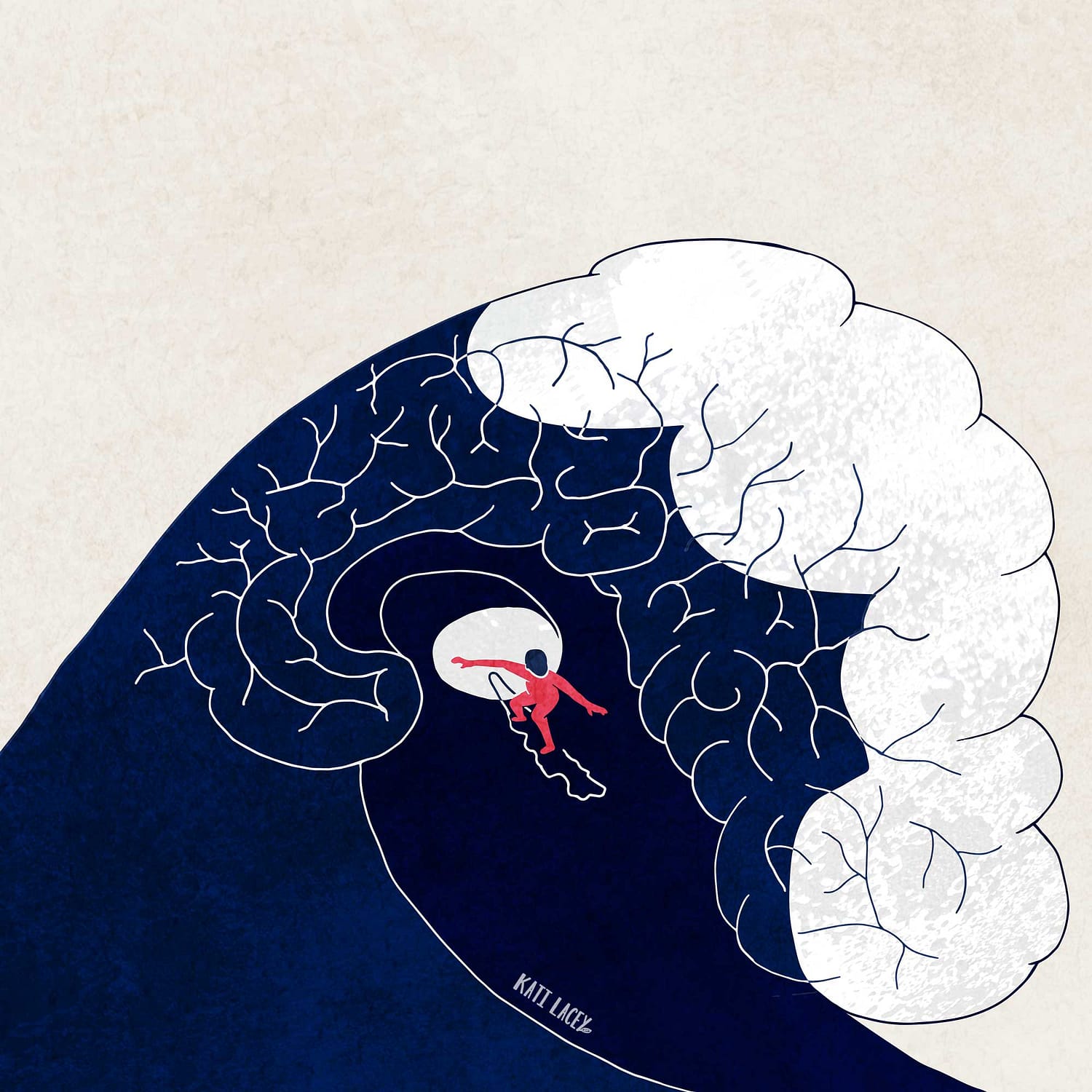 kati-lacey-editorial-illustration-riding the waves of emotions-surfer-brain-tunnel surfing-confidence