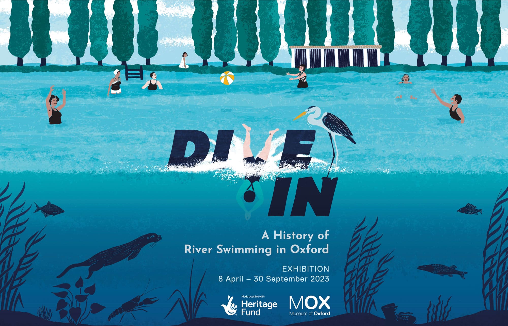 River Swimming in Oxford museum exhibition poster showing the river, swimmers, animals and plants