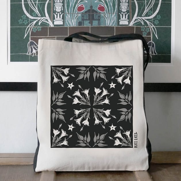 Iznik inspired black and white tile design on large two-tone shopper with Jasmine floral design