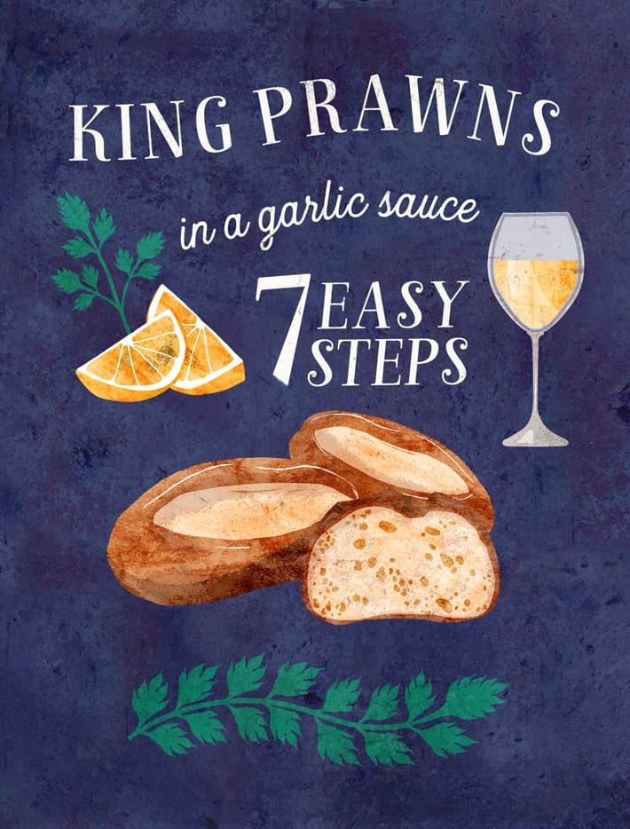 illustrated-seafood-recipe-king-prawns-garlic-bread-lemon-cream-parsley