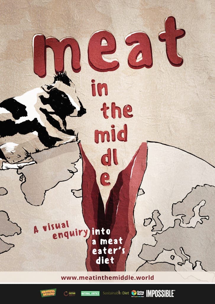 kati-lacey-meatinthemiddle-eat-less-meat-split-earth-planet-farmyard-animal-cow-poster