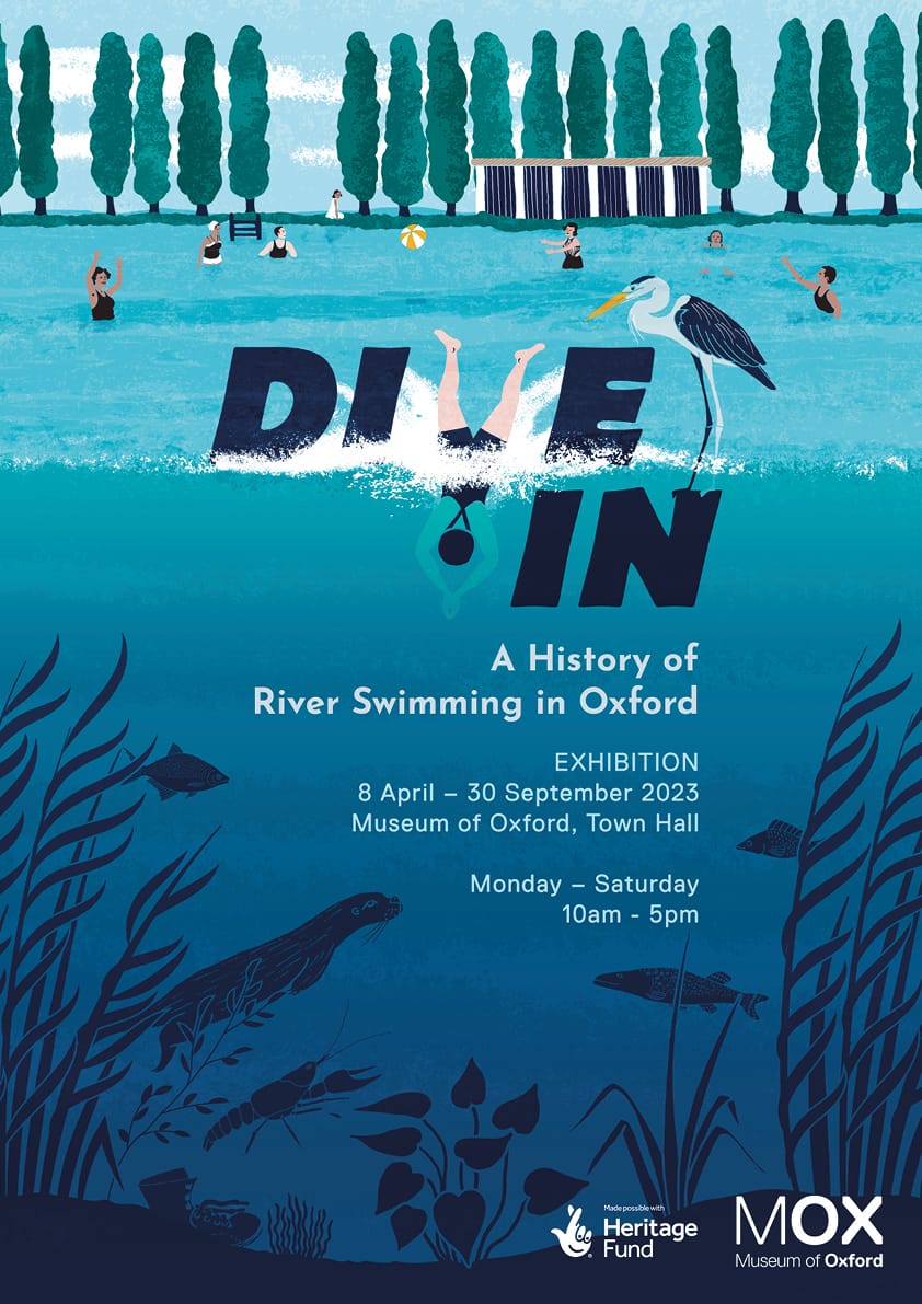 Poster about river swimming in Oxford showing a diver, animals in the water and people in old fashion swimming costumes