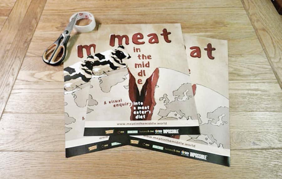 kati-lacey-meatinthemiddle-eat-less-meat-campaign-more-vegetables-split-earth-planet-farmyard-animal-cow-pig-sheep-poster