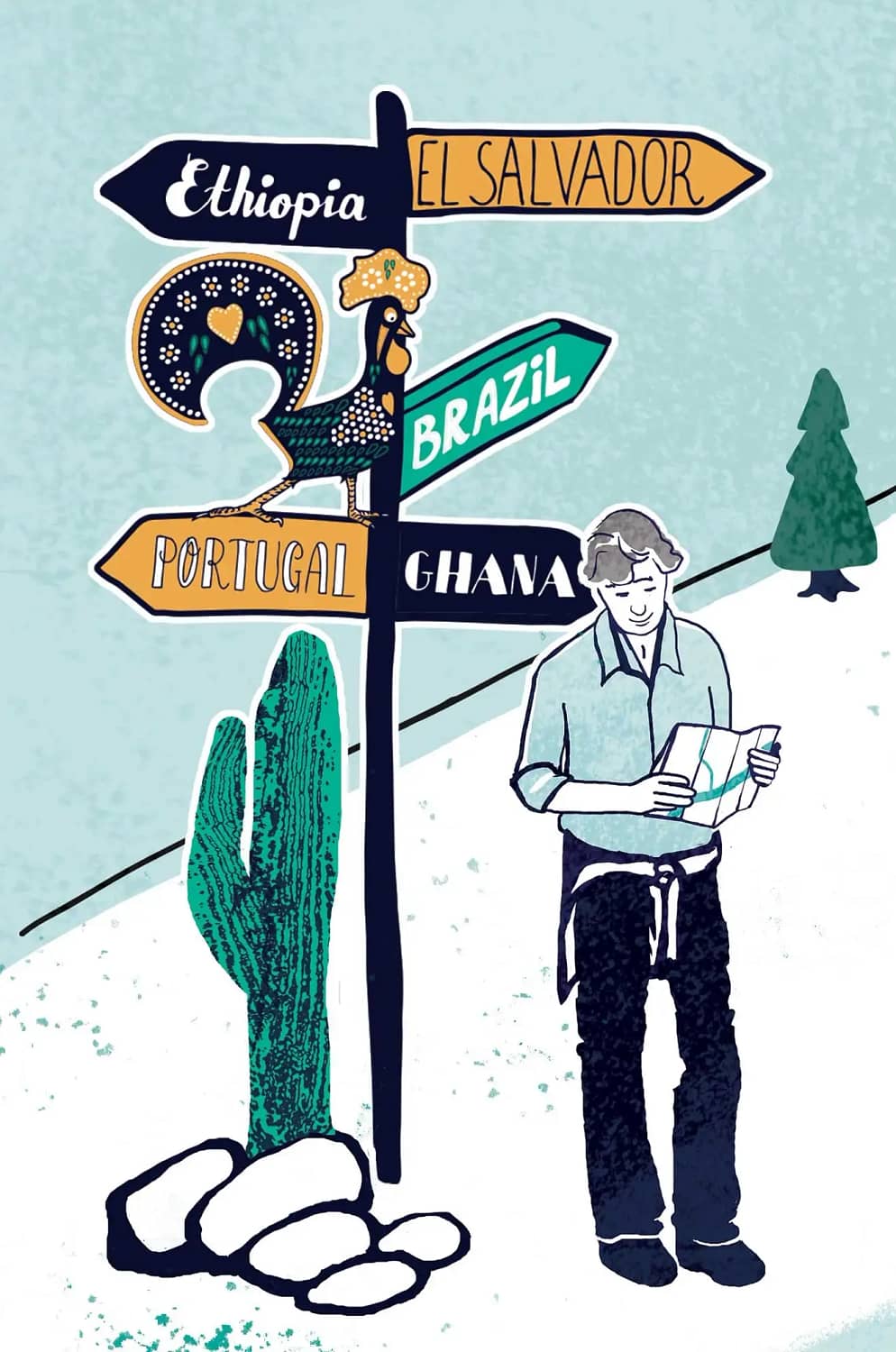Life-map-portrait-illustration-showing-man-reading-map-while-cockrel-overlooking-from-handlettered-signpost-illustration-by-Kati-Lacey-freelance-illustrator
